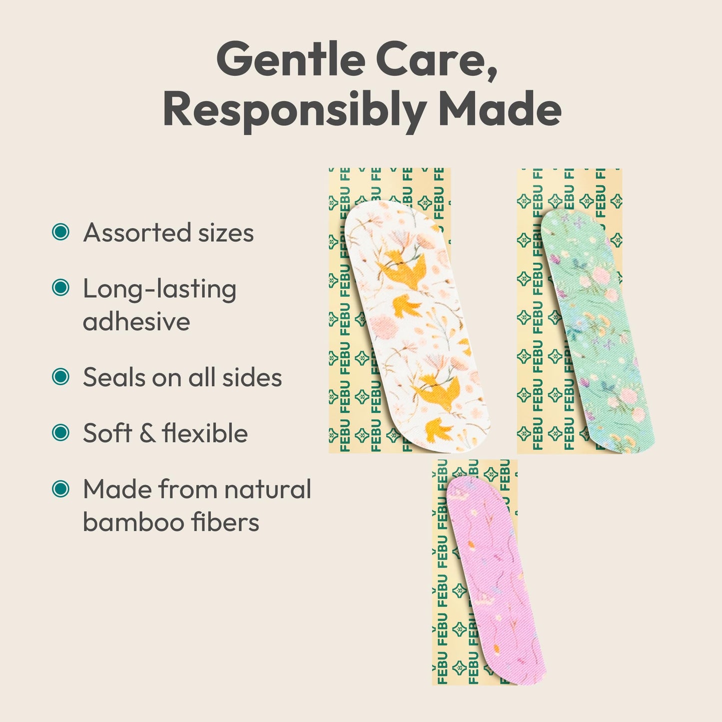 FEBU Wildflower Print Bamboo Fabric Bandages | PFAS Free Flexible Fabric Bandages | Natural Hypoallergenic Bandage for Scrapes, Cuts & First Aid | Compostable, Latex Free Bandage | 50 Count Strip