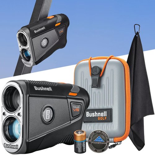 Bushnell Golf Tour V6 Laser Rangefinder Patriot Pack | PinSeeker, Magnetic Mount, 6X Magnification, 1300 Yard Range, 3D Flyovers in App, LCD Display, Signature Series Golf Towel Bundle