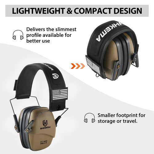 YHKEMA Tactical Ear Protection Safety Earmuffs for Shooting, NRR 25dB Passive Noise Reduction Earcups, Compact and Lightweight Foldable Ear Protectors (Brown)