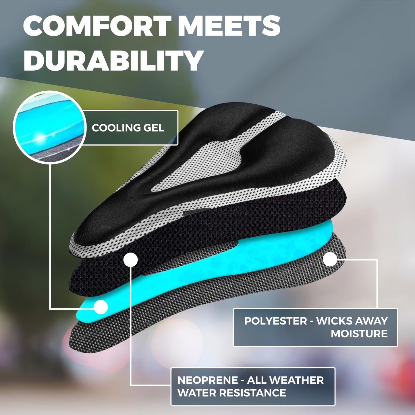 Roam Bike Seat Cushion - Padded Comfort Gel Bicycle Cover, Compatible with Peloton, Mountain, Road, Cruiser, Exercise, Spin, or Stationary Bikes - Saddle Cover for Adult Men & Women