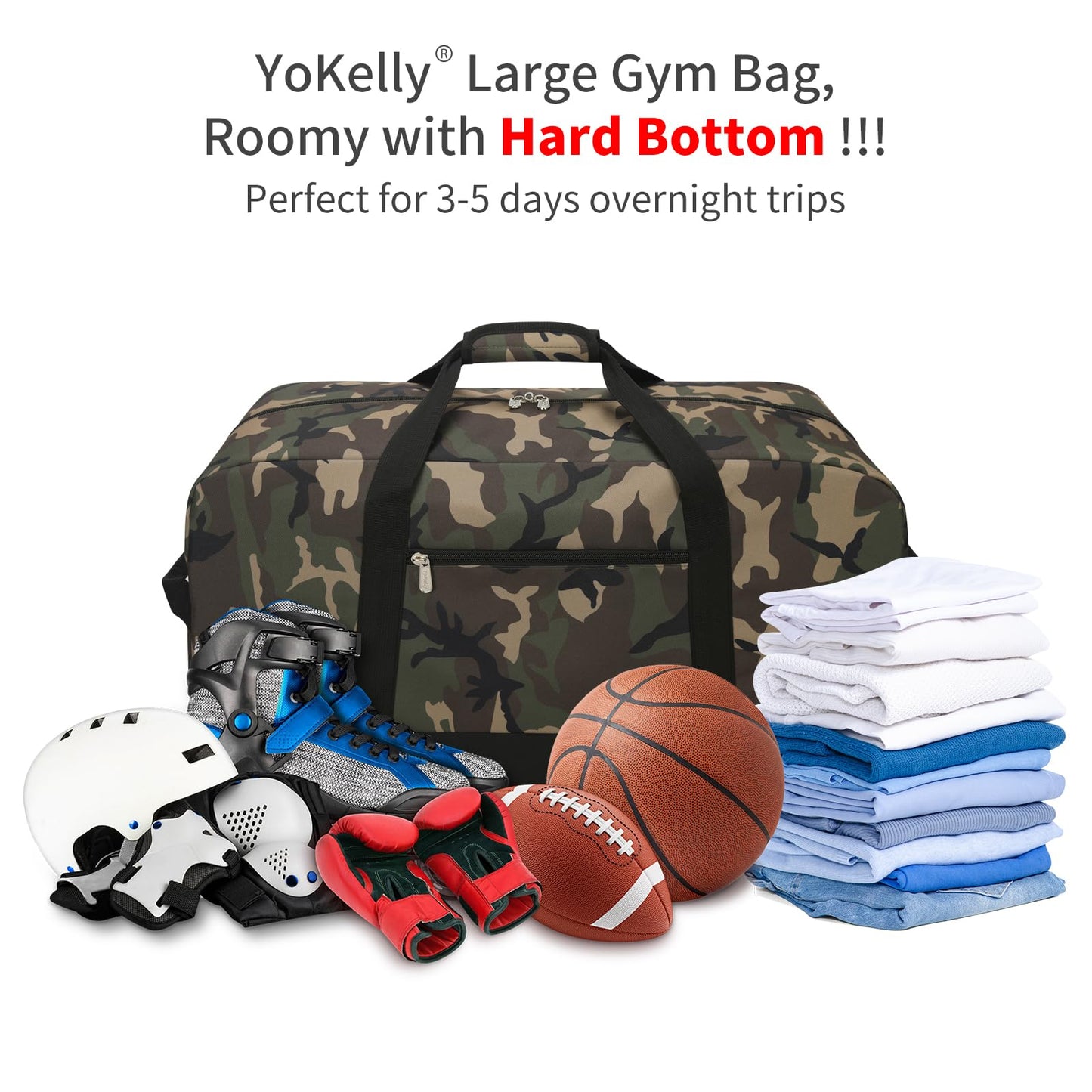 YoKelly 55L Large Duffle Bag for Men Travel - 25 inch Sports Duffel Bag with Hard Bottom - Camo