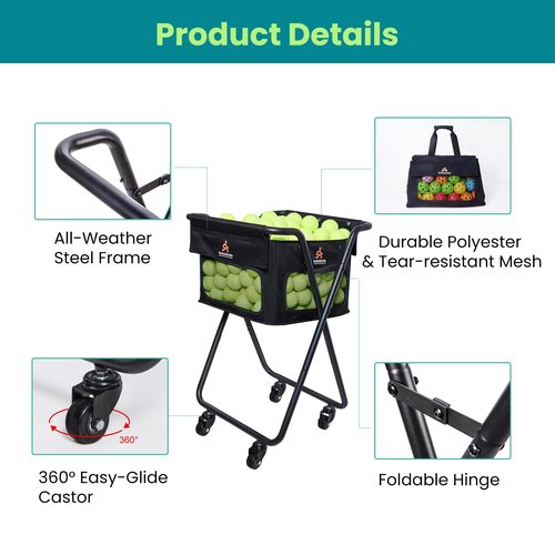 TurboStride Tennis Ball Hopper Cart with 4 Wheels – Foldable, Large Capacity Pickleball & Tennis Ball Collector for Court Training & Coaching