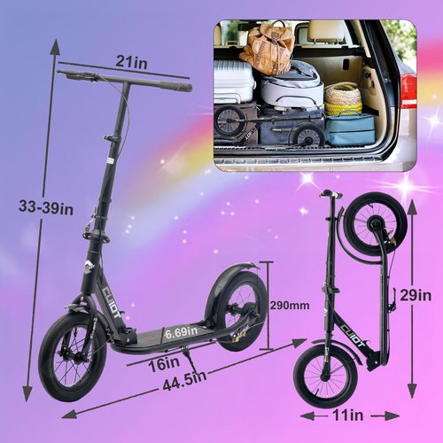 ZQHQKJ Adult Scooter for XXL Big Wheels, Folding Commuter Kick Scooter for Adults & Teens, Adjustable Heigh, Lightweight Sports Commuter Scooter for Kids Tenns Adults, 4 Adjustable Levels.,Black