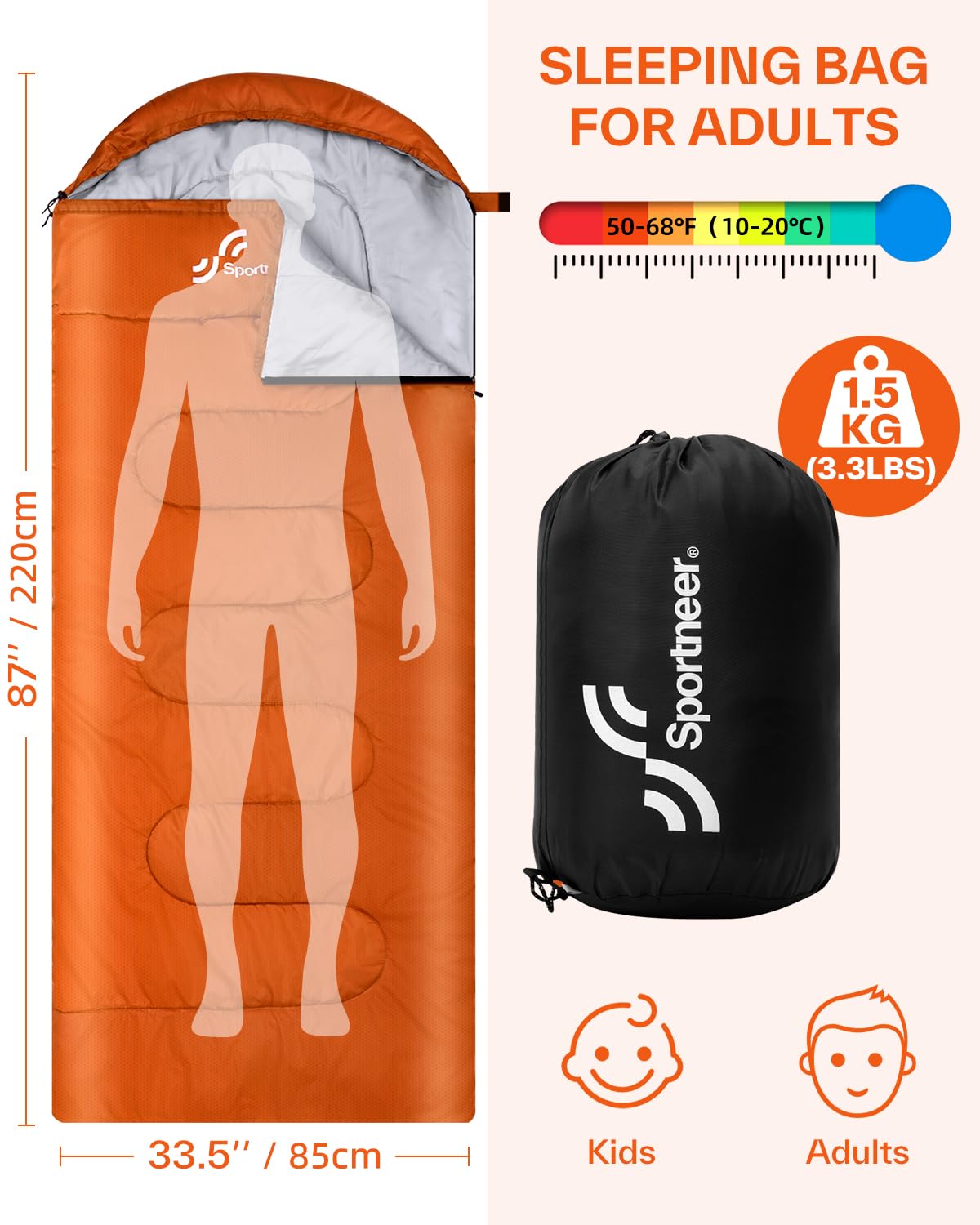 Sportneer Sleeping Bag for Adults, 3 Season Lightweight Camping Sleeping Bag, 50°F–68°F Rated Warm Weather for Backpacking Hiking, 87" x 33.5", 3.3 lbs, with Storage Bag