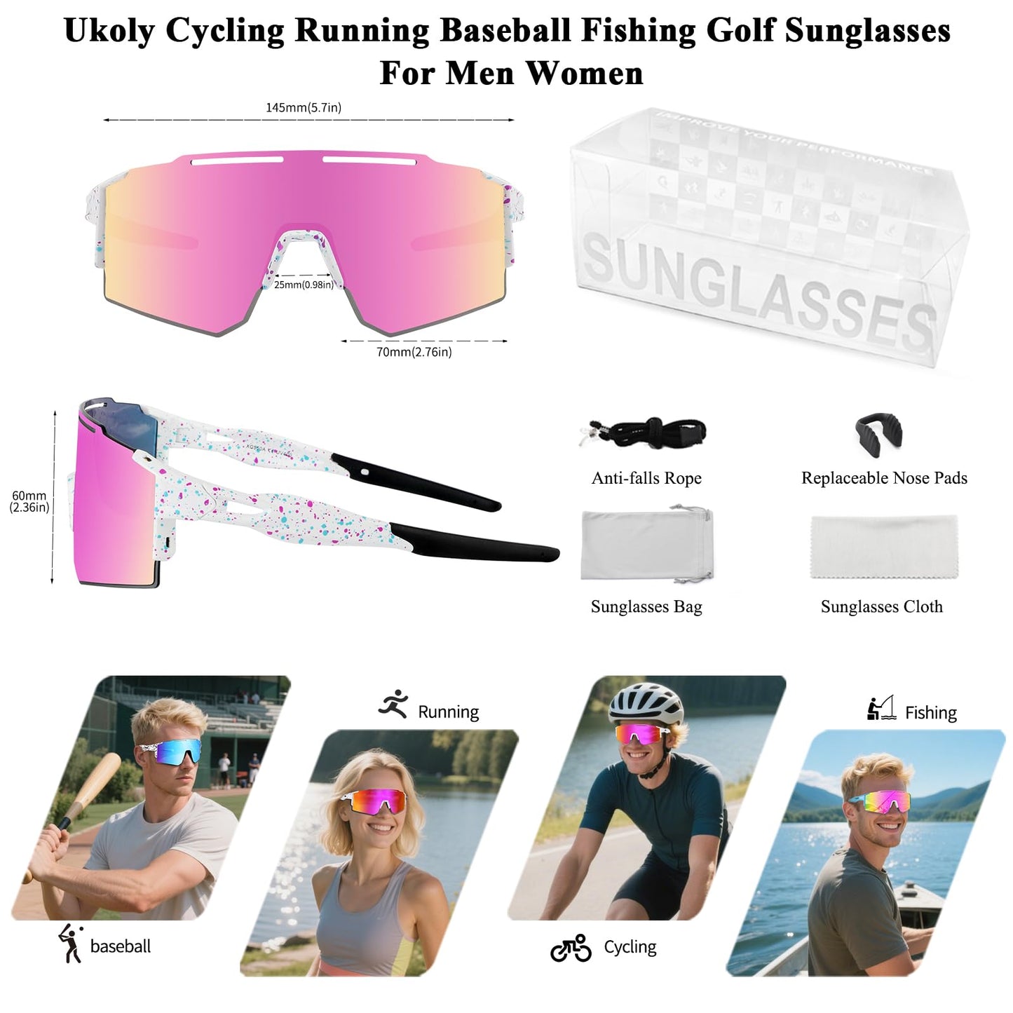 Ukoly Cycling Sunglasses with Interchangeable Nose Pad Men Women,Sports Sunglasses,Fishing Baseball Glasses