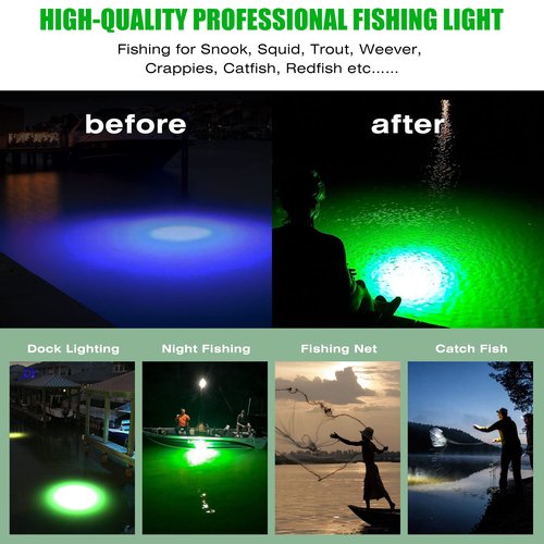 HUSUKU FS0-1 LED Underwater Fishing Light - DC12V 100W 10,000lm with 16.4ft Cord Green Night Fishing Lights, Glowing Fish Attractor, IP68 Submersible Boat Lamp for Snook Crappie Squid Shrimp