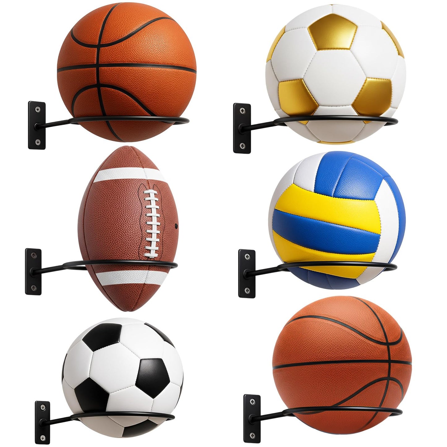 Threan 4 Pieces Basketball Holder Wall Mount, Sports Ball Storage Display Rack for Basketball Football Volleyball Soccer, Metal Black Ball Holder, Room Decor Saver Storage Display