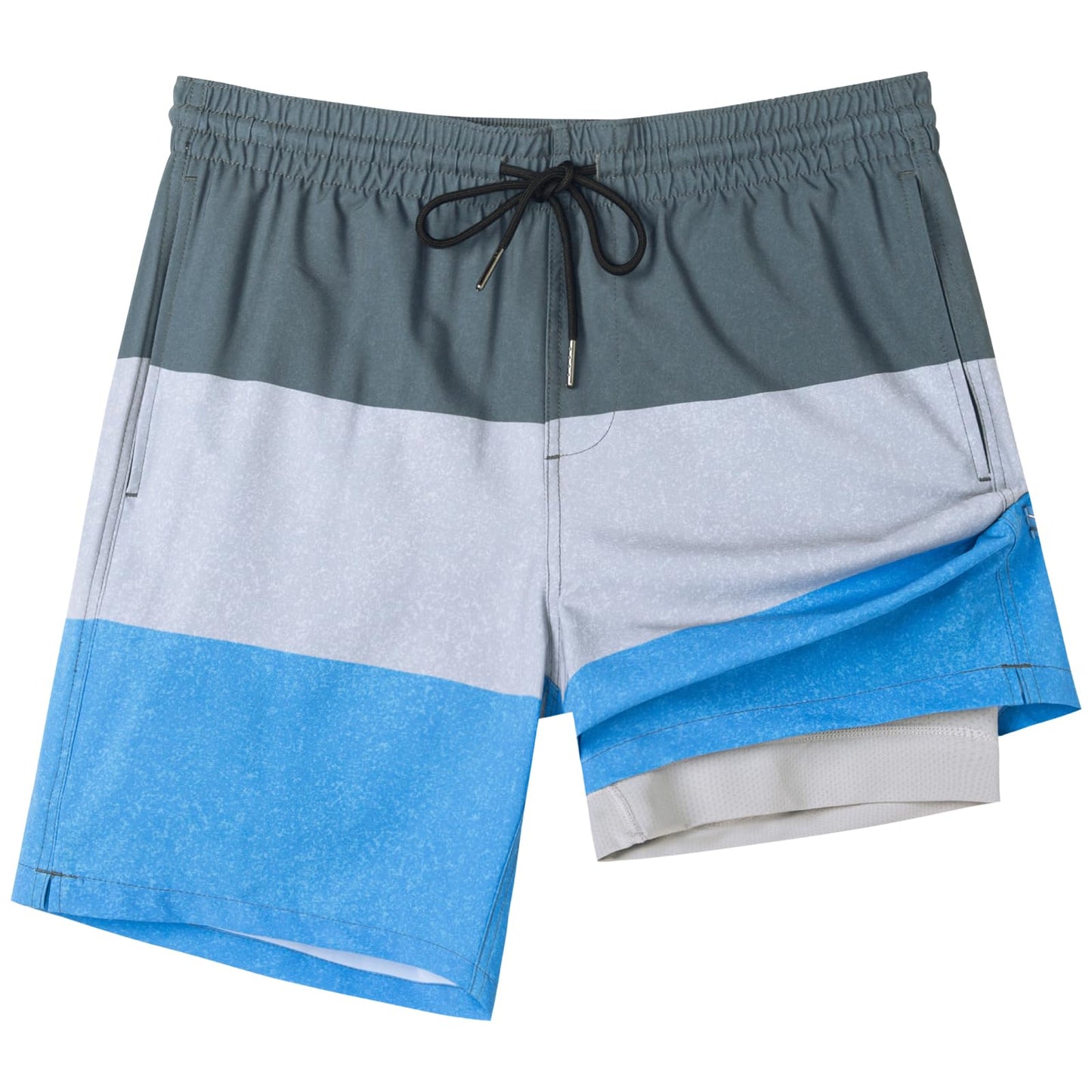 SURF CUZ Mens Swim Trunks with Compression Liner Quick Dry Swim Shorts 7" Swimming Trunks Stretch Zipper Pockets,Glacier Stripes,M