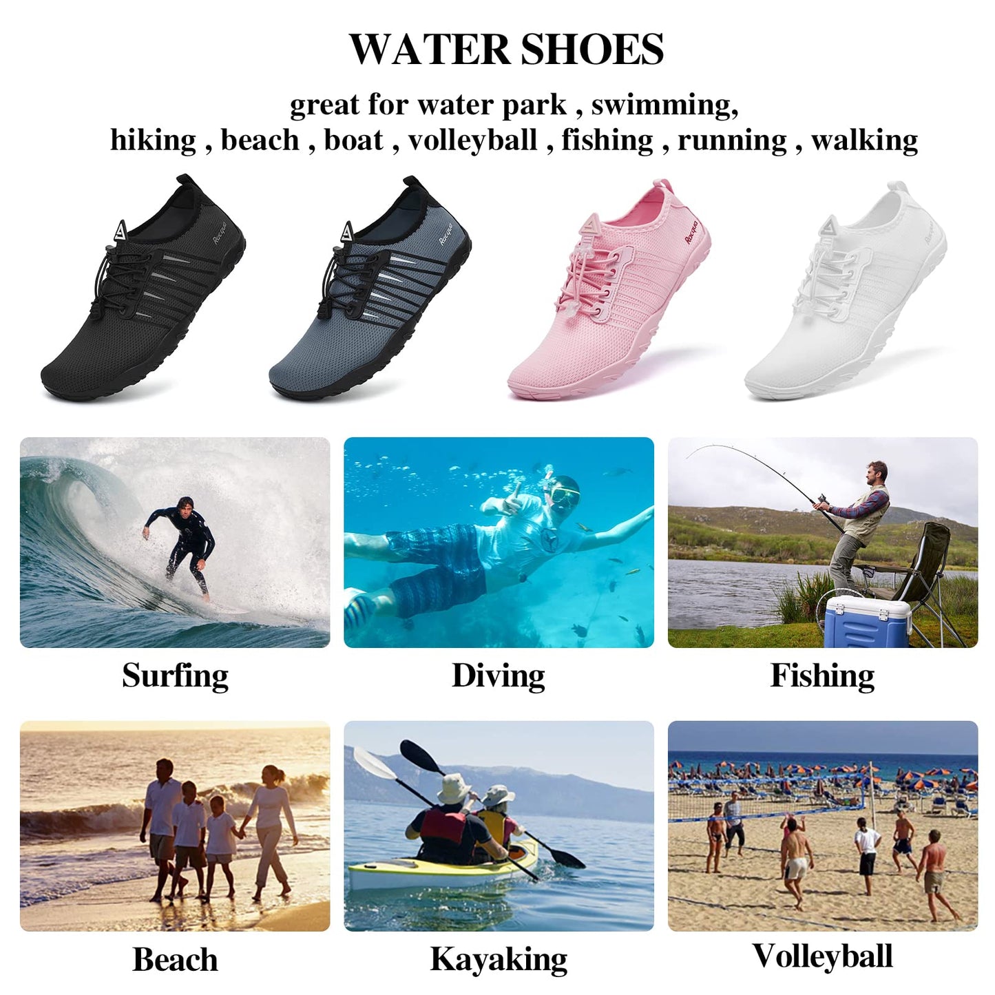 Racqua Pool Shoes Quick Dry Barefoot Water Aqua Sport Beach Swim Surf Diving for Men Women Black 9 Women/8 Men