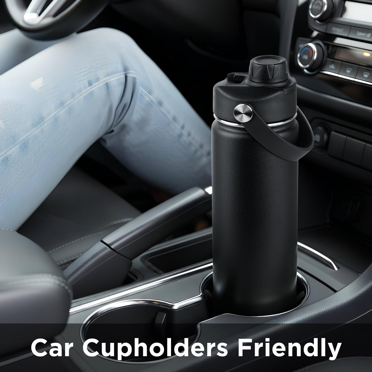ThermoProof Double-Walled Vacuum Insulated Stainless Steel Water Bottle - Wide Mouth with Chug & Spout Lids, Dishwasher Safe, Reusable, Leakproof, Hot & Cold for Men, Women & Kids - 22oz, Black