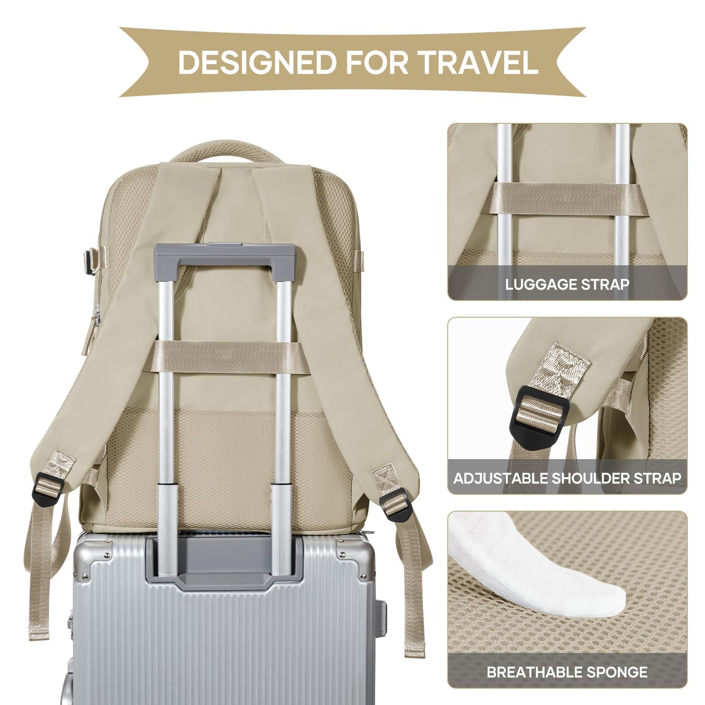 coowoz Large Travel Backpack For Women Men,Carry On Backpack Flight Approved,Hiking Backpack Waterproof Outdoor Rucksack Casual Daypack Fit 15.6 Inch Laptop Shoes Compartment (Khaki-L)