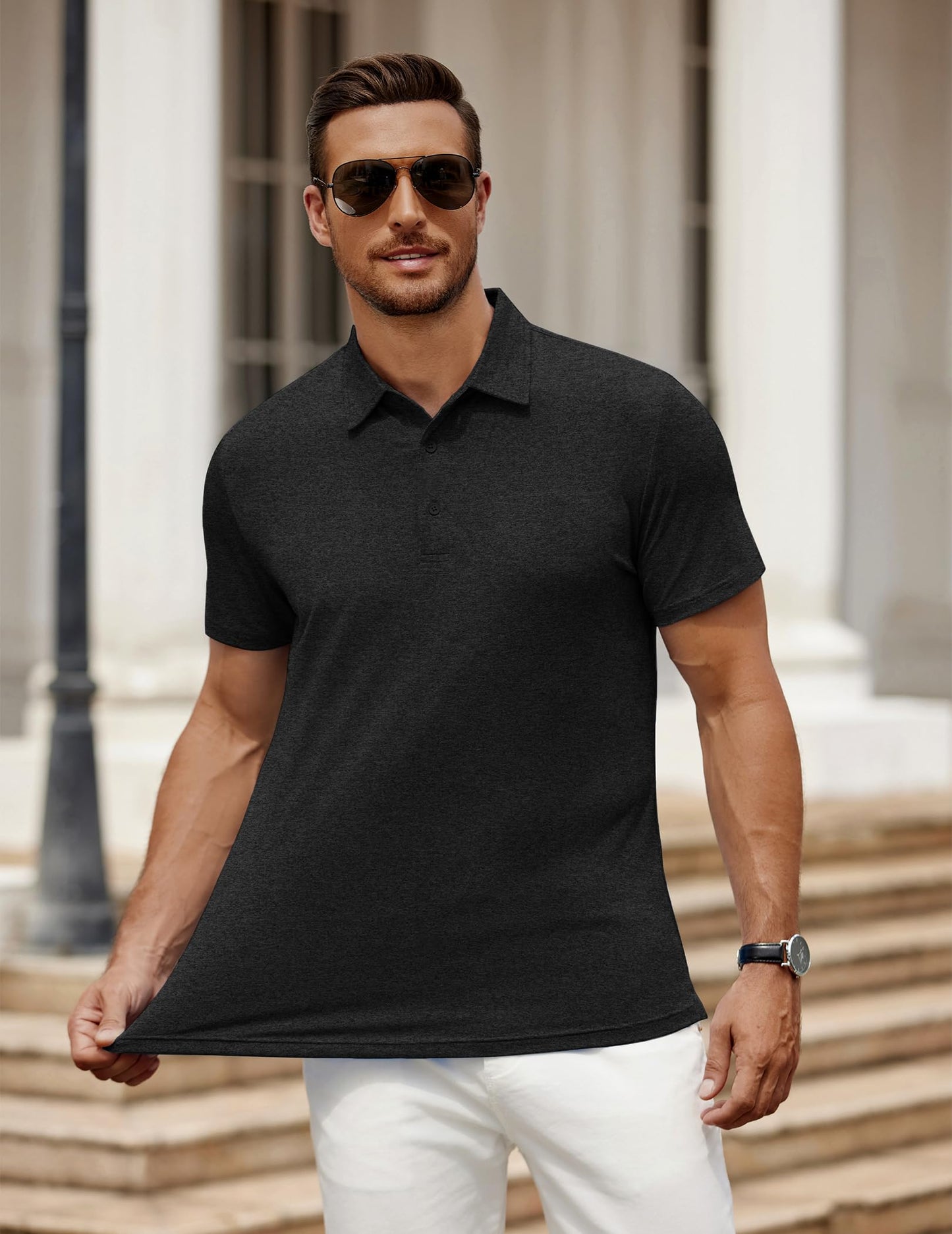 COOFANDY Men's Short Sleeve Black Golf Polo Shirts Quick-Dry Performance Tactical T-Shirt Collared Tennis Shirts Top