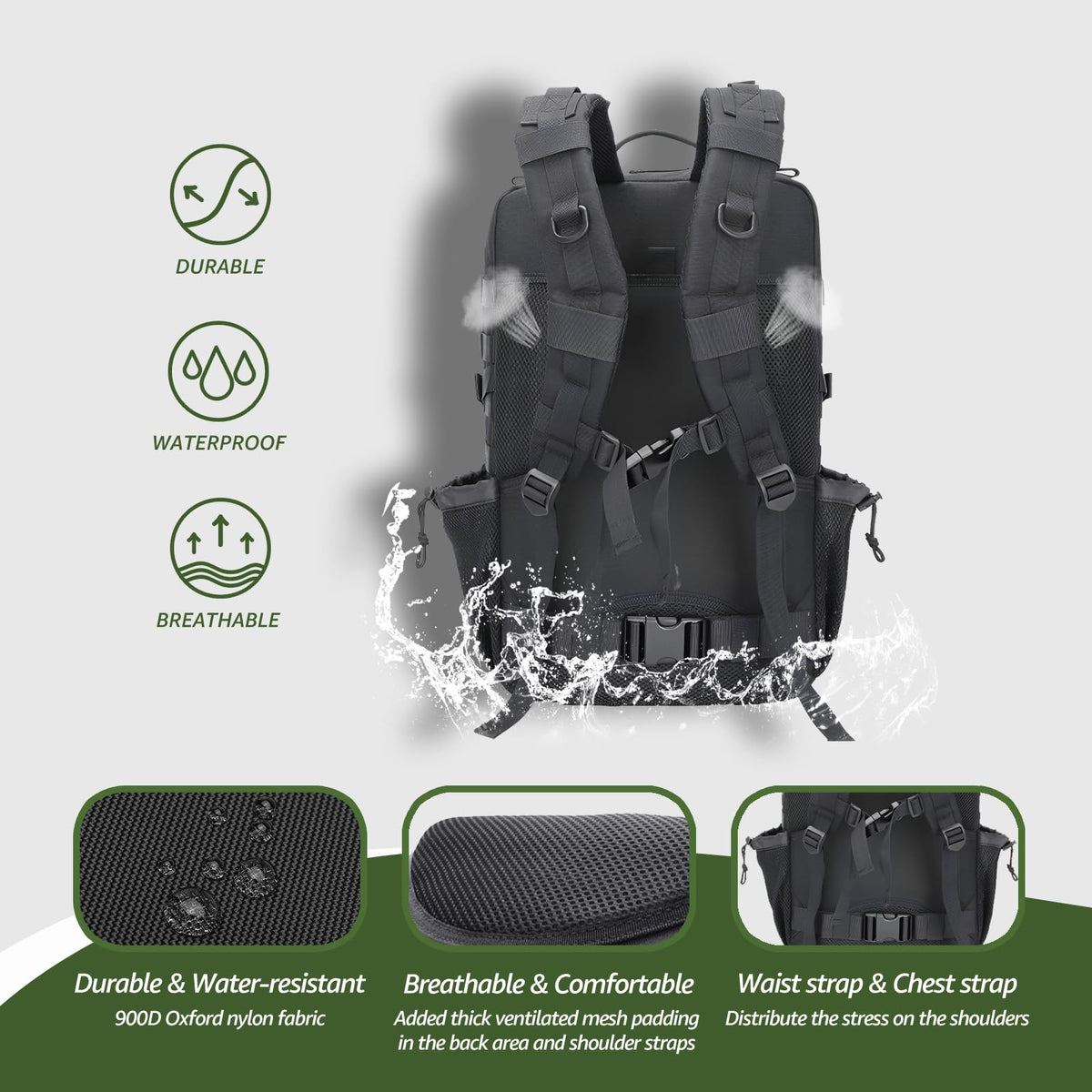 CHICMOSS 45L Military Tactical Backpack - Waterproof Large Army 3 Day Assault Pack Molle Bug Out Bag with Bottle Holder for Men and Women - Rucksack for Hiking, Camping, Travel(Black)