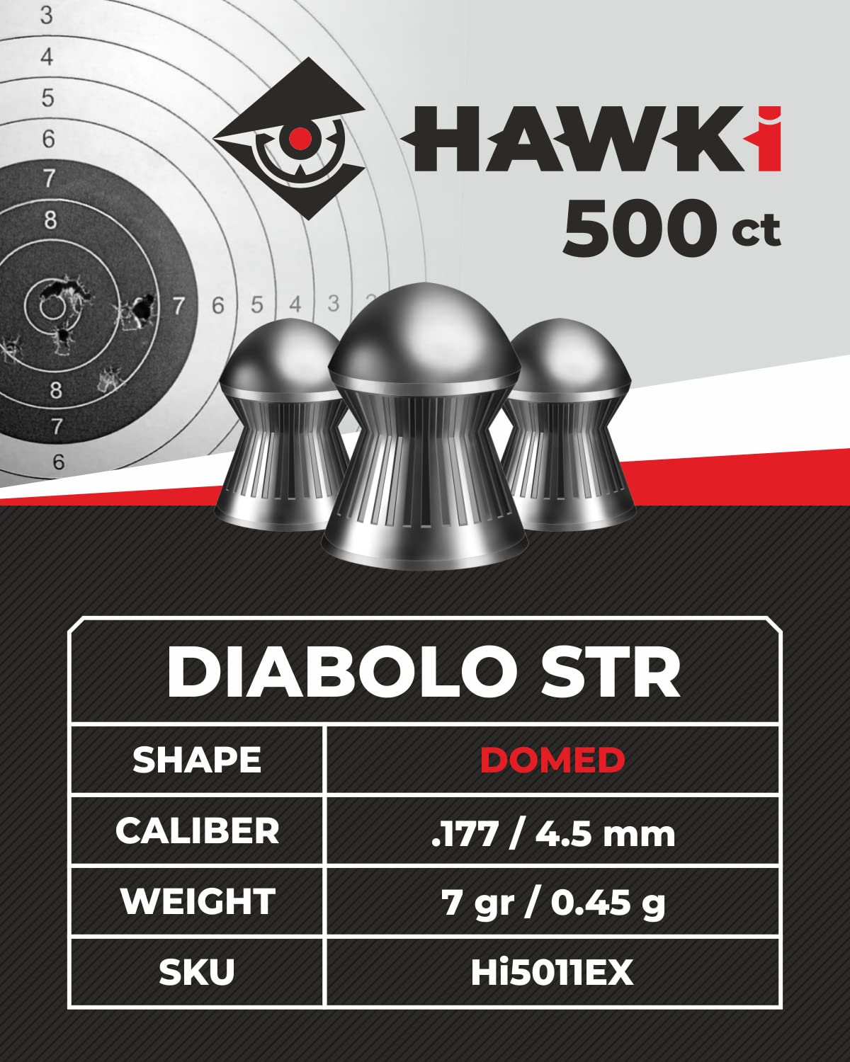 Hawki Airgun Pellets -.177/4.5mm Caliber (7 gr/0.45 g) 500 ct Hi5011EX Domed