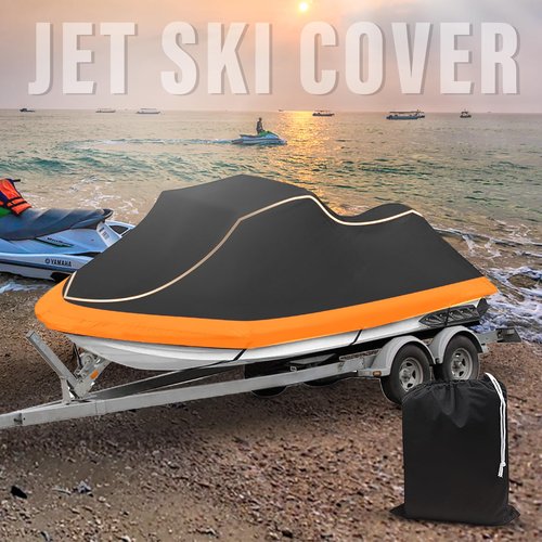 CoukouCover Jet Ski Cover, Heavy Duty Waterproof Jetski Covers, 3 Seater PWC Cover with Reflective Strips and Vents for Seadoo Yamaha Kawasaki Polaris, Fits Lengths from 126-135” (Black&Orange)