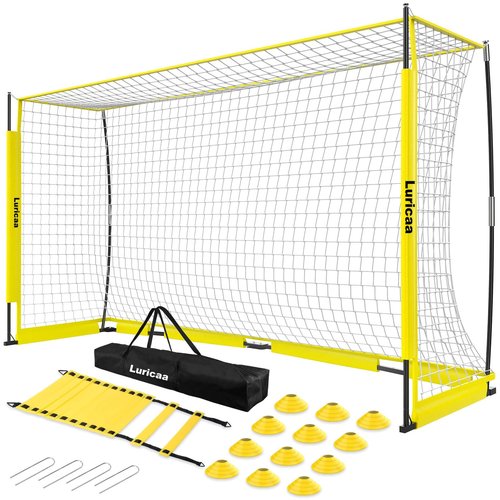 Collapsible Soccer Goal, 12×6 ft Portable Soccer Goal Net for Backyard, Quick Setup Soccer Goals with 1 Carry Bag, 1 Agility Ladder, 4 Ground Nails,12 Training Cones (Yellow)