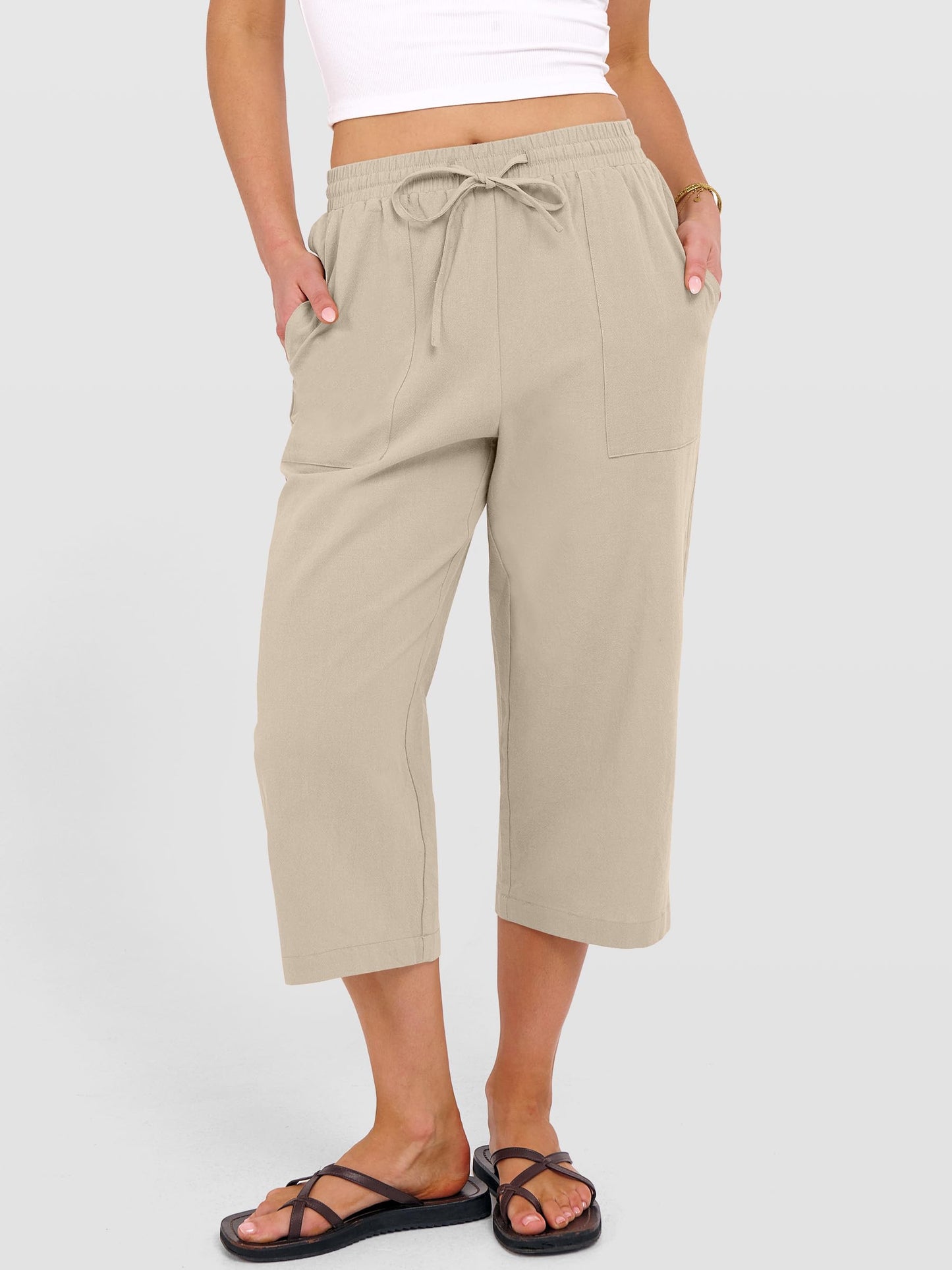 ANRABESS Capris Pants for Women Summer Casual Loose Drawstring Elastic High Waist Straight 2026 Lounge Beach Cropped Trousers Large Light Beige