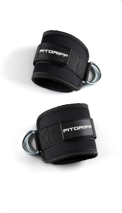 Fitgriff® Ankle Straps V1 for Cable Machine (2 Pieces) - Gym Workout Equipment - Leg Pulley Attachment, Kickback Straps (Black)