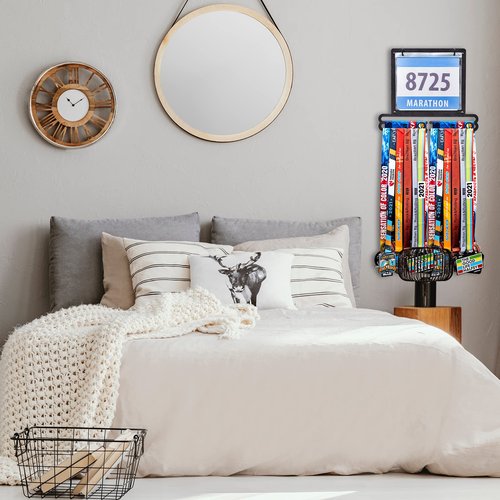 Moxweyeni Race Medal and Bib Display Medal Hanger Running Bib Holder Wall Mounted Hanging Rack Stands Gifts for Runners(Black,13.78 x 11.22 Inch,Classic)
