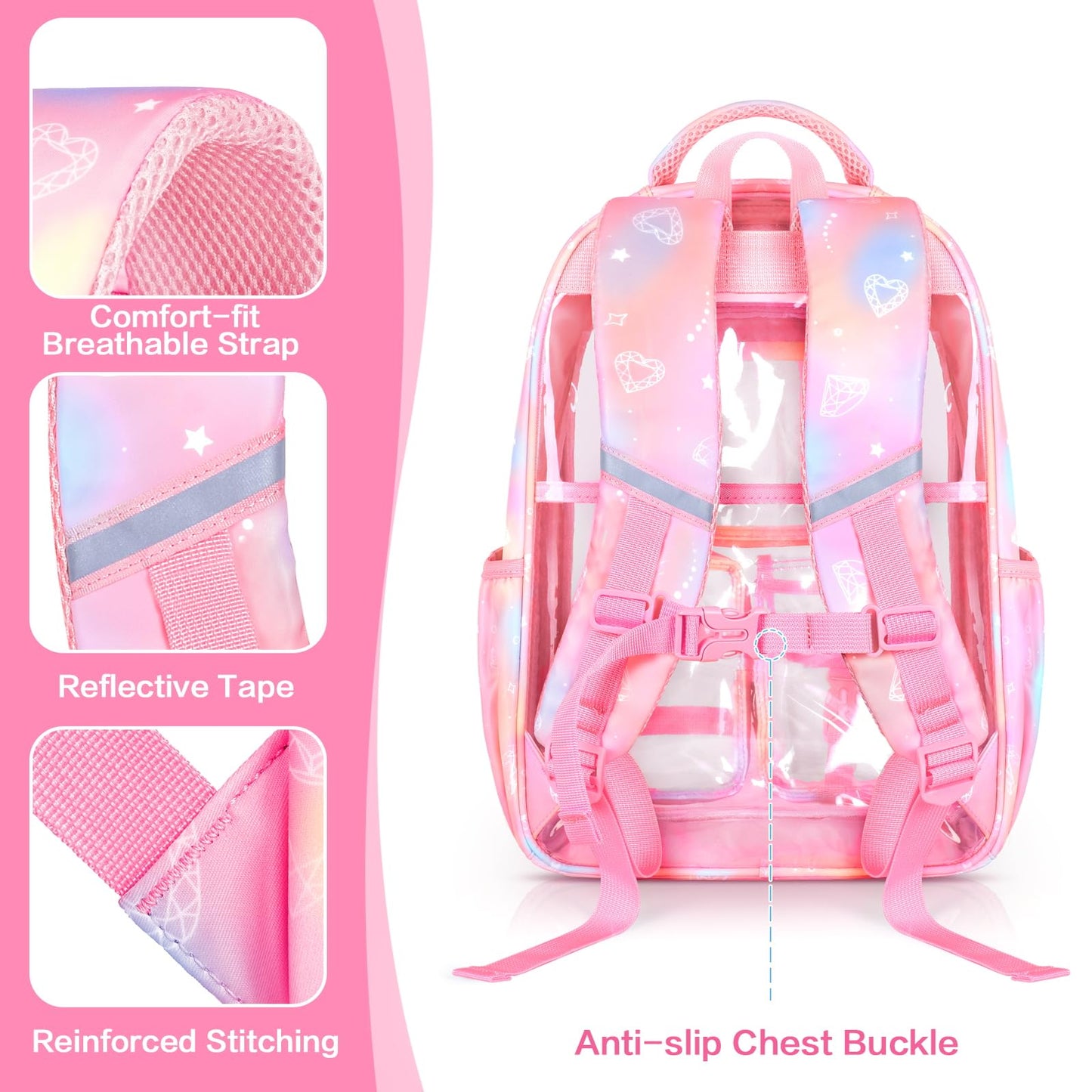 PAMANO Clear Backpack for Girls, Heavy Duty Transparent Bookbag for Kids, See Through Cute Backpacks for Elementary Primary School Work Sport Travel - Pink