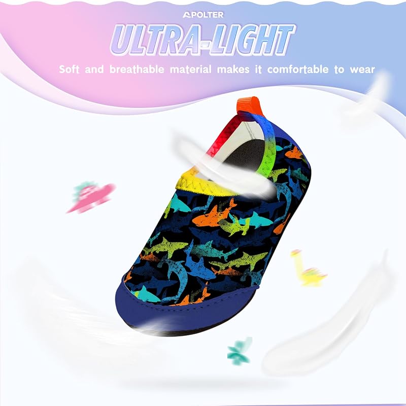 Beach Water Shoes for Kids - Non-Slip Aqua Socks with Colorful Shark Variation (Toddler 3.5-4.5)