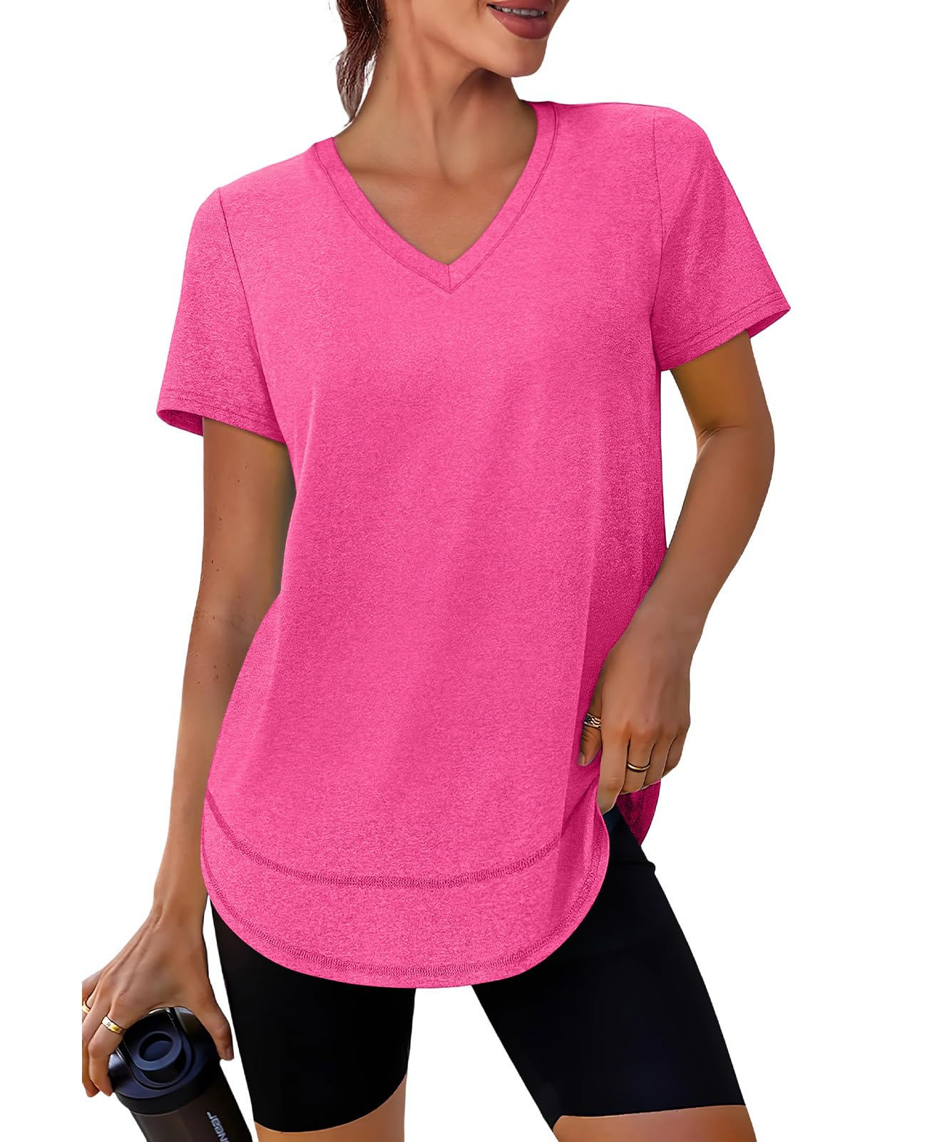 Short Sleeve Shirts for Women Workout Pilates Outfits Tennis Summer Tops 2026 Beach Vacation Clothes V Neck Hot Pink M