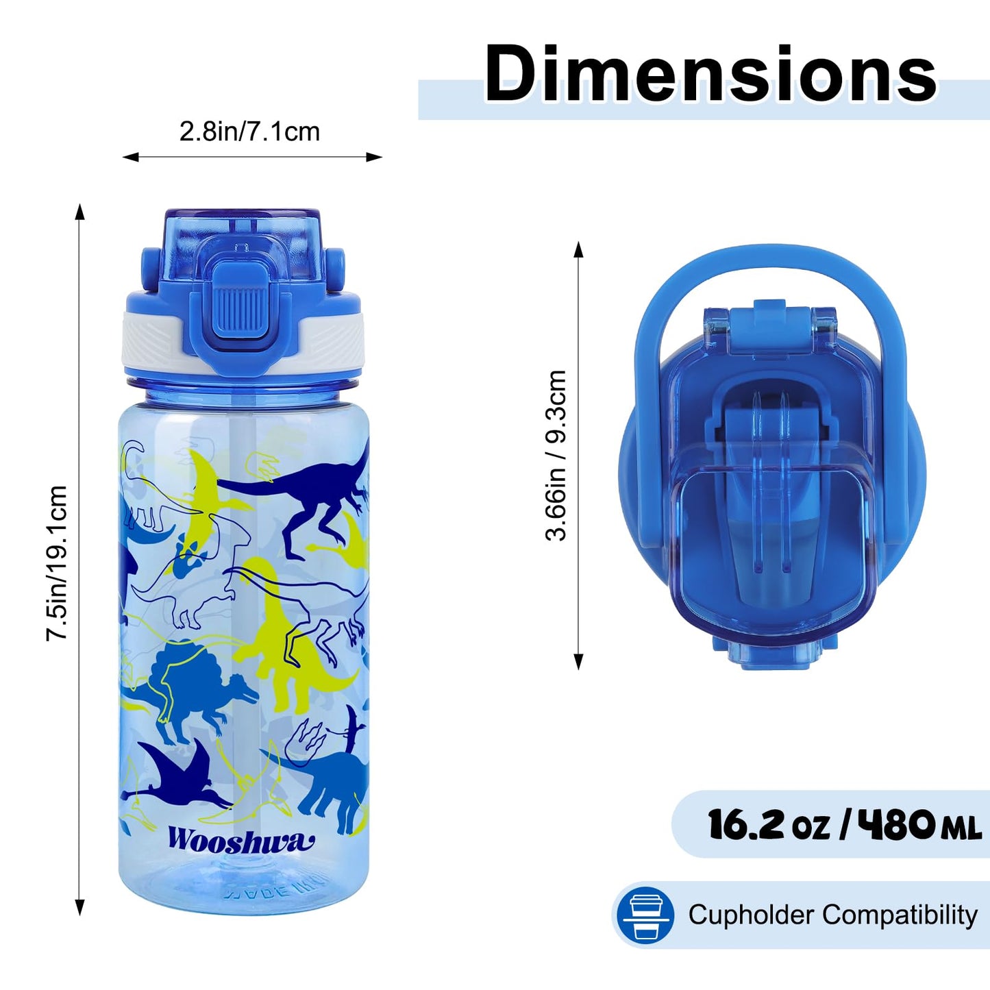 wooshwa Kids Water Bottle for School, 16 Oz Plastic Water Bottle with Silicone Spout and Pop-Up Cover, BPA Free & Dishwasher Safe (Dinosaur/Spacecraft)