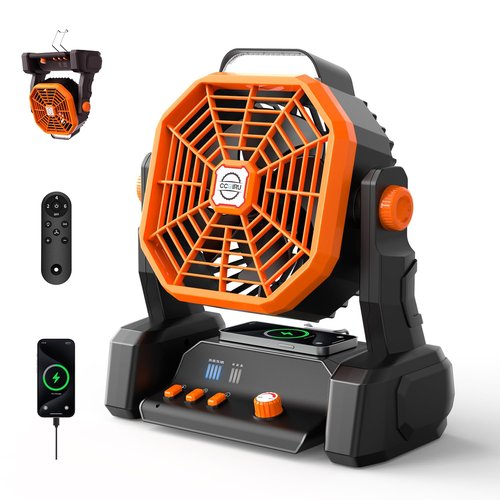 Portable Camping Fan Rechargeable with Inductive Charging Function, 20000mAh Battery Operated Fan with Lights, Outdoor Battery Powered Fan with Remote, 3 Timer for Picnic, Fishing, Travel, Home