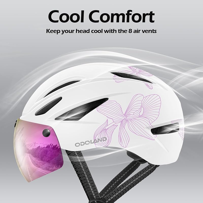 Odoland Adult Bike Helmet with Magnetic Sun Visor - Magnolia Variation