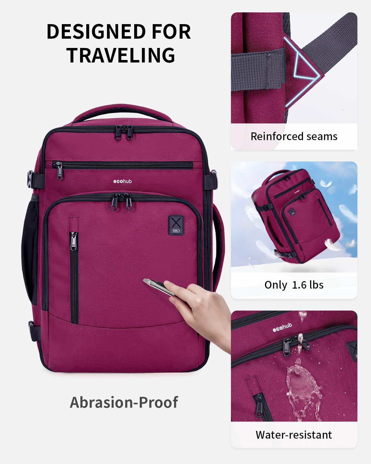 ECOHUB 17" Small Travel Backpack, United Airlines Personal Item Bag 17x10x9 with 16 Pockets, Water Resistant Rucksacks Fit 15.6" Laptop, AirTag Pocket, Lightweight Casual Daypack, 25L, Red