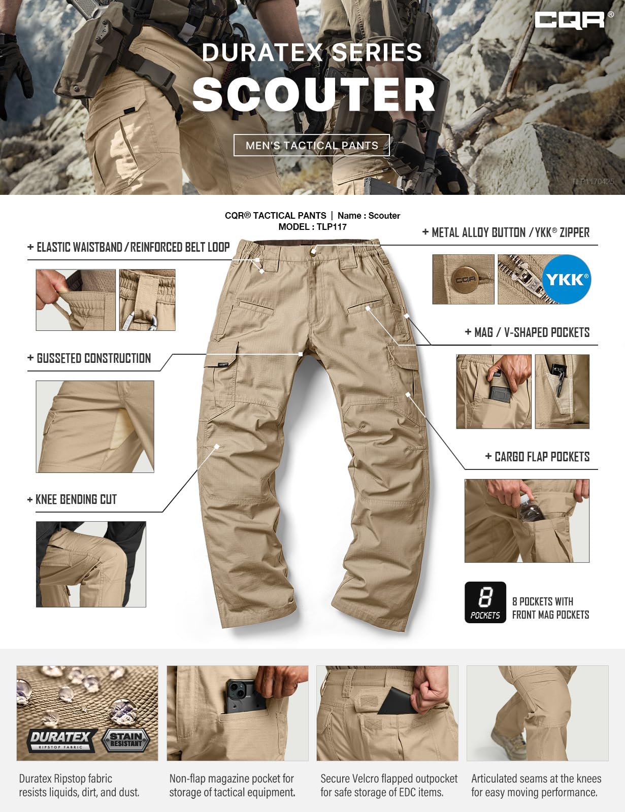 CQR Men's Tactical Pants, Water Resistant Ripstop Cargo Pants, Lightweight EDC Work Hiking Pants, Outdoor Apparel, Raider Khaki, 38W x 30L