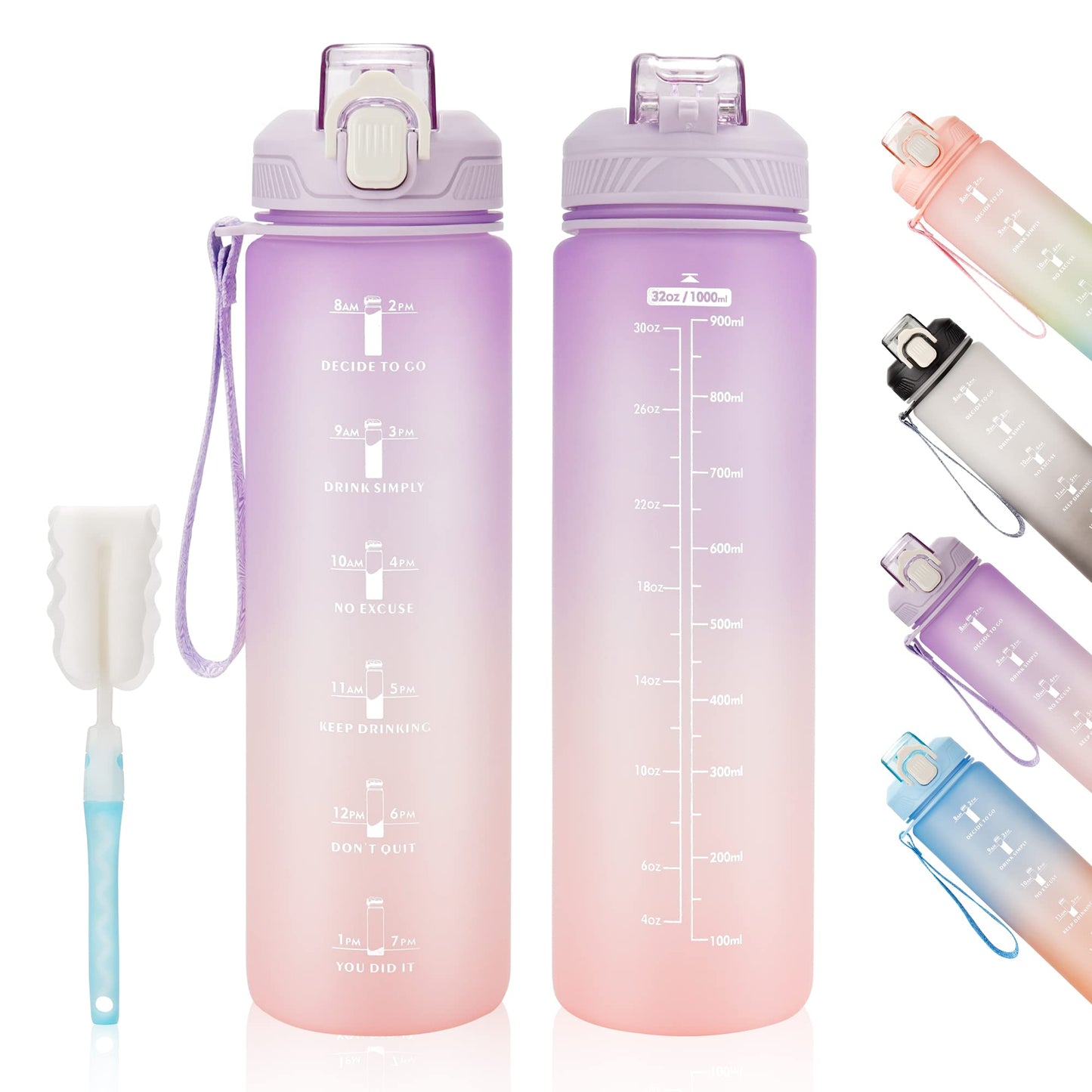 YC Kitchen 32oz Motivational Water Bottle with Straw & Carrying Strap