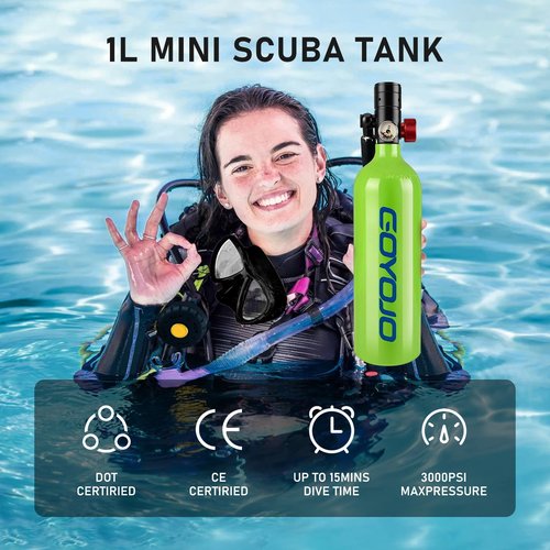 GOYOJO 1L Mini Scuba Tank with Mask – DOT Certified Portable Diving Air Tank, 3000 PSI Max Pressure, Pony Bottle Underwater Breathing Device for Snorkeling & Scuba Diving (Green)