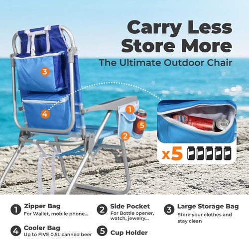 Tall Beach Chairs for Adults – 5-Position Reclining Backpack Chair with Large Insulated Cooler & Storage Pocket, Aluminum Frame, Portable for Travel & Outdoor, Supports 300lbs, Wave Blue