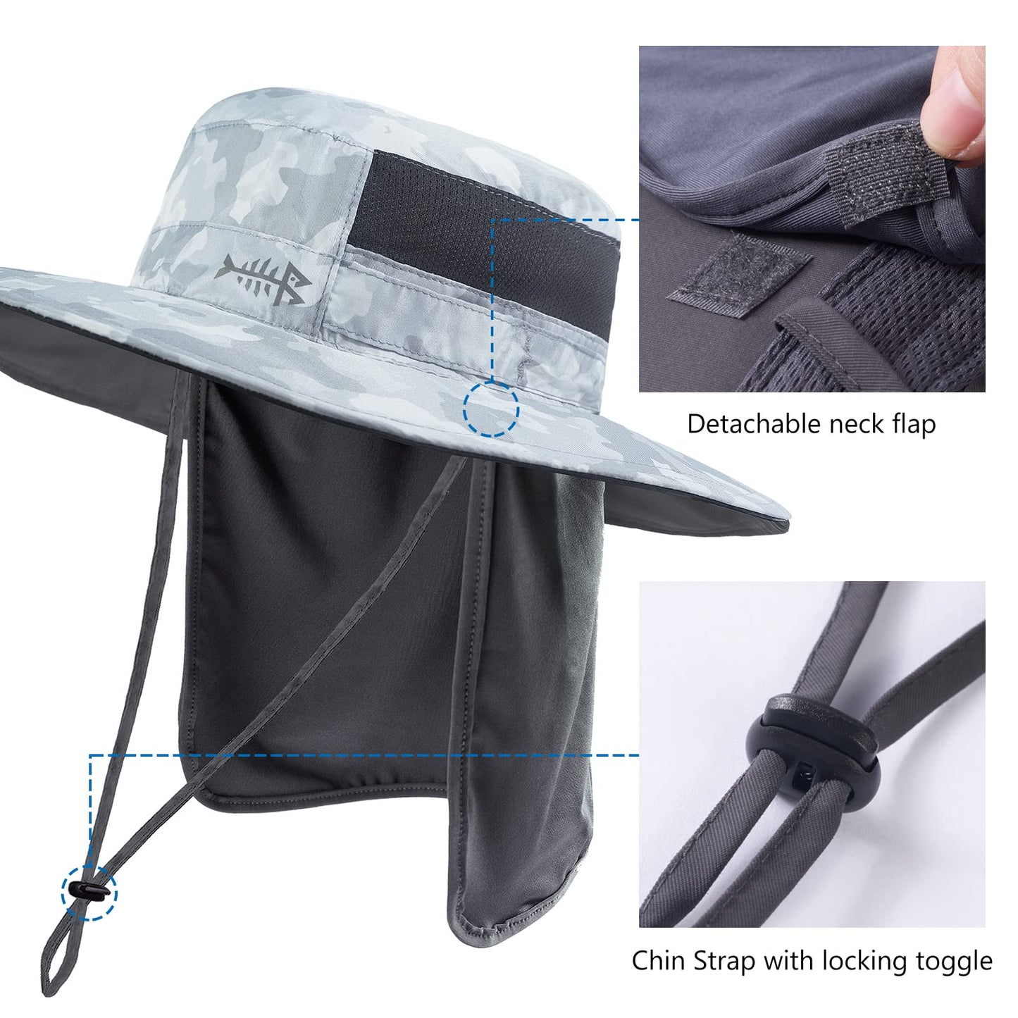 BASSDASH UPF 50+ Sun Fishing Hat Water Resistant with Detachable Neck Flap