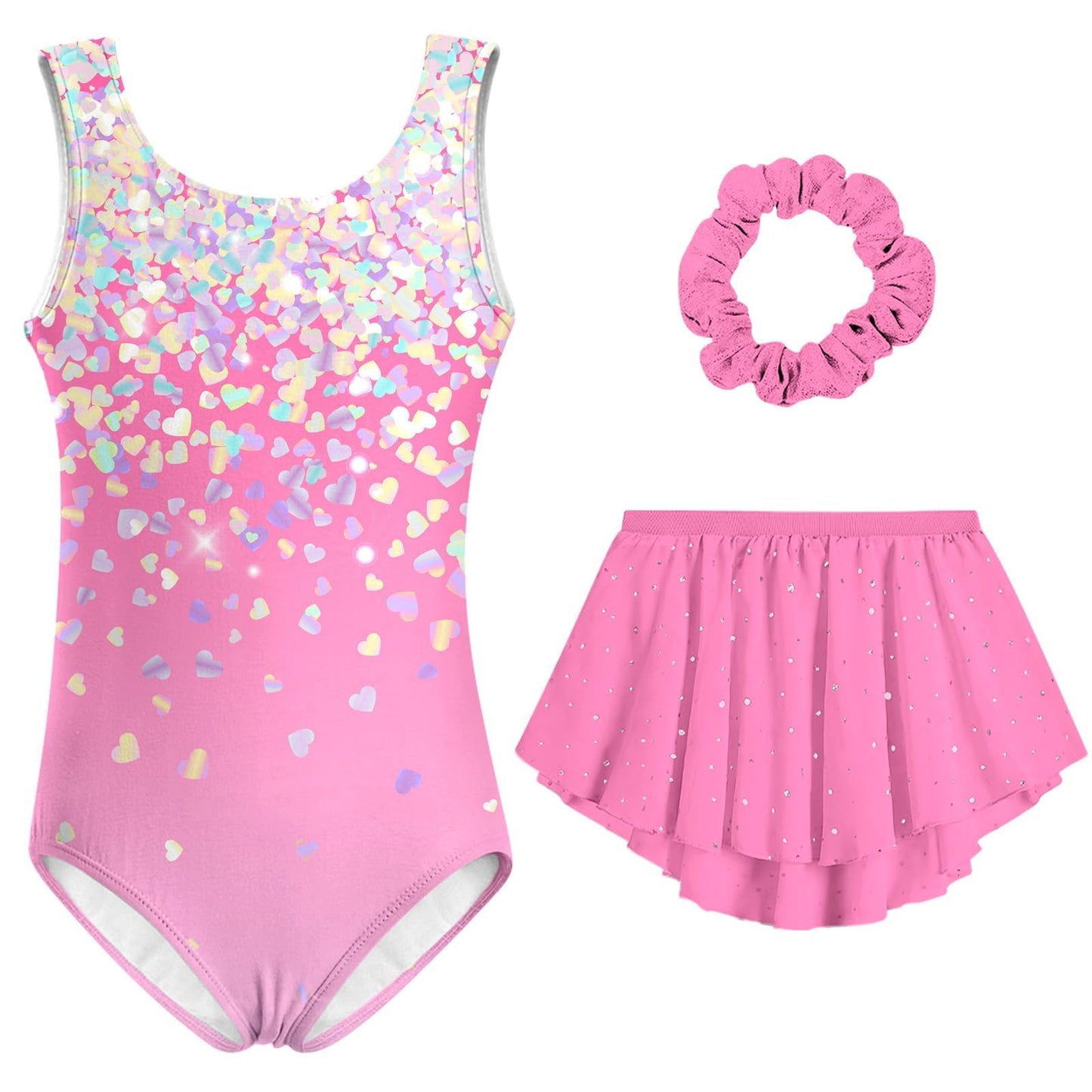 Idgreatim Leotards for Girls Gymnastics 6T 7T Ballet Leotard Outfits with Removable Skirt Hollow Back Dance Dress with Hair Scrunchie