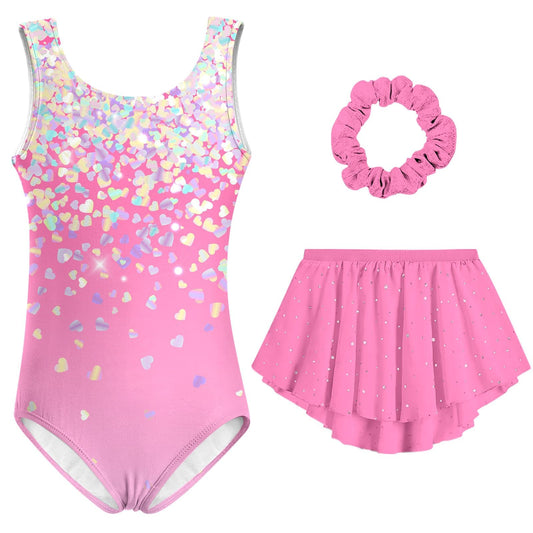 Idgreatim Leotards for Girls Gymnastics 6T 7T Ballet Leotard Outfits with Removable Skirt Hollow Back Dance Dress with Hair Scrunchie