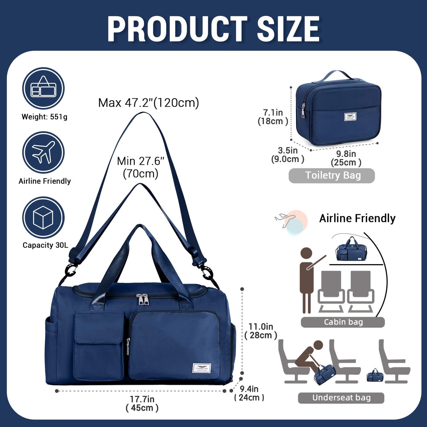 FIORETTO Women's Gym Duffle Bag with Shoes Compartment, 30L Capacity, Ideal for Travel, Gym, Sports, Duffel, Weekender, with Toiletry Bag, Navy Blue