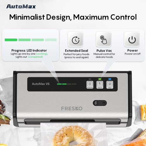 FRESKO Food Vacuum Sealer Machine with Automatic Bag Detection, Vacuum Sealer for Food with Built-in Cutter & Bags Storage, Double Heat Seal, 2 Rolls Bags, Silver-Black