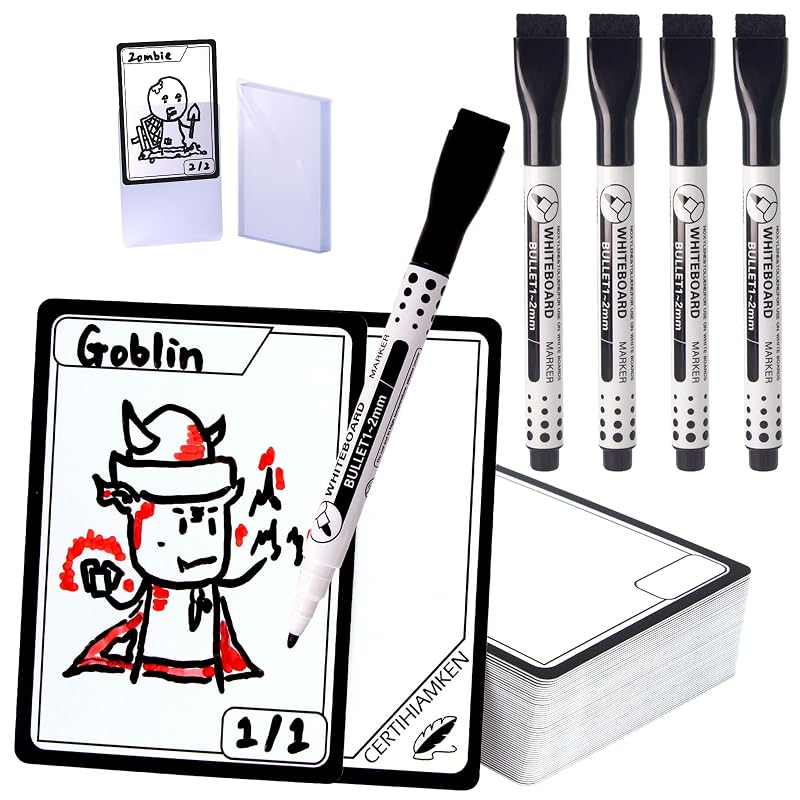 Black Variation: 50 Pcs MTG Tokens with 4 Marker Pens, Double-Sided Dry Erase + 50 Card Sleeves