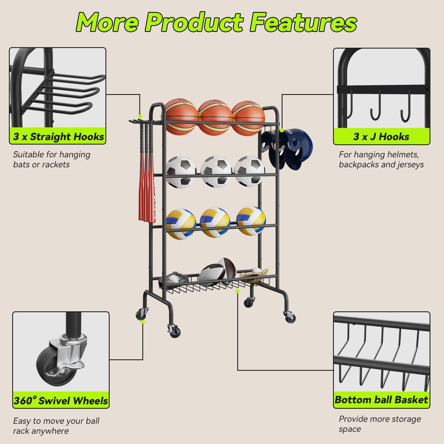 IBUYKE Basketball Rack, 4-Layers Rolling Ball Storage Rack with Wheels, Movable Garage Sports Equipment Storage Organizer for Basketball Football Soccer Volleyball Outdoor Indoor, Black TBL002B