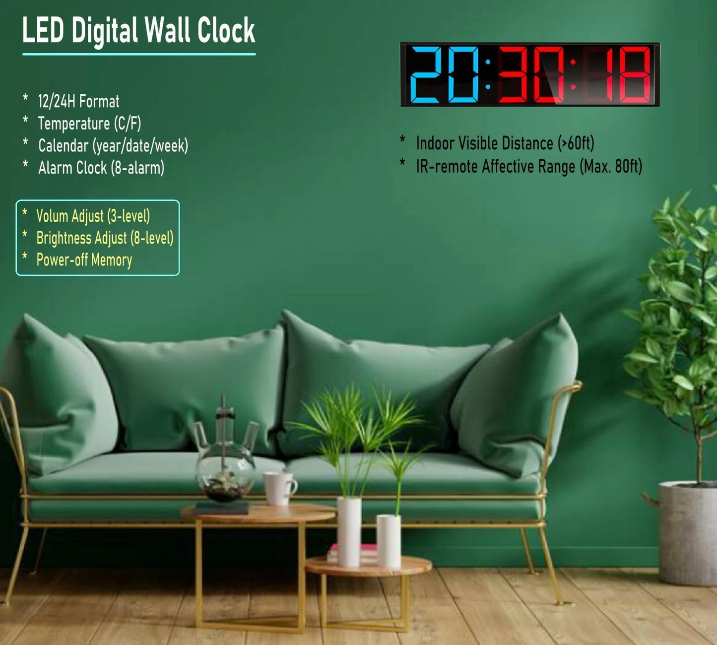 ETEBRG 26'' Huge Home Gym Interval Workout Timers, Digital Wall Clock, with Countdown, Stopwatch, 7-Color Light, 8-Alarms, Calendar/Temperature Display, for HIIT/Tabata/FGB/EMOM (Blue & Red)