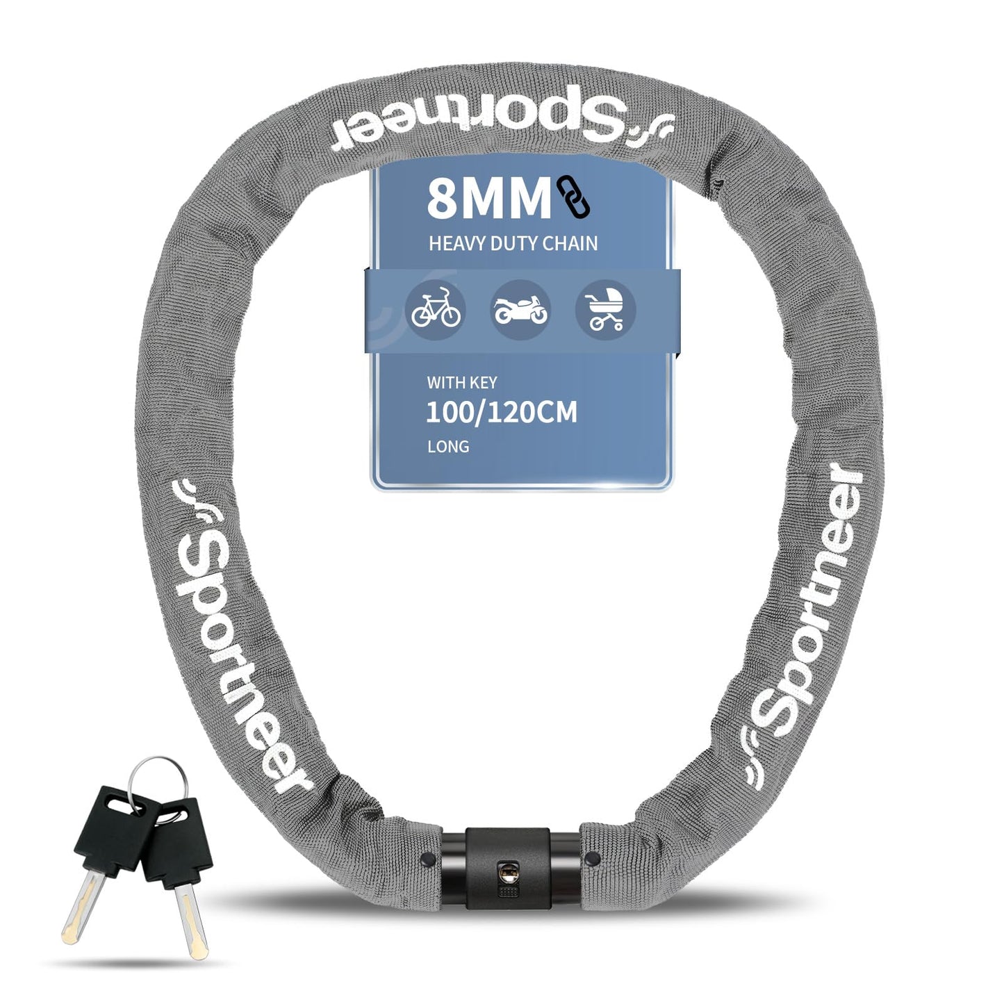 Sportneer Bike Lock - 8mm Thick High Security Anti Theft Bike Chain Lock with 2 Keys- 3.2ft Long Heavy Duty Anti-Cut Bicycle Lock for Bike, Motorcycle, Bicycle, Door, Gate, Fence, Grill - Grey