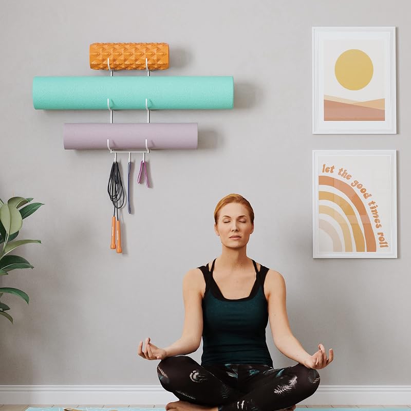 Guru Yoga Mat Wall Mount Rack with 3 Hooks - White 19" H, 5-Sectional