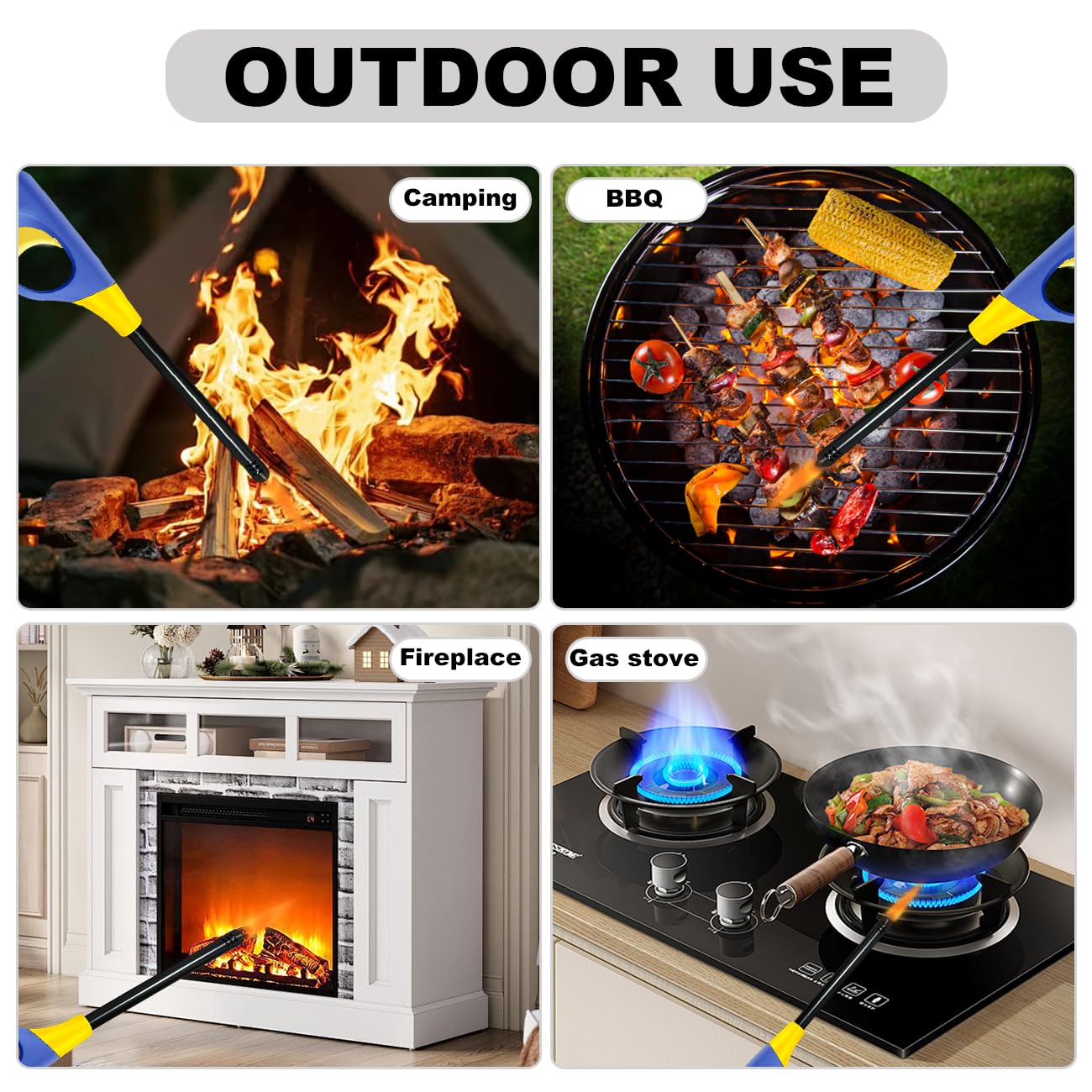 Refillable Butane Lighters, 4 Pack Long Lighters for Candle, Multiple-Purpose Lighter Pack for Camping Fireplace Party BBQ Grill Candle Lighter（Fuel Included）