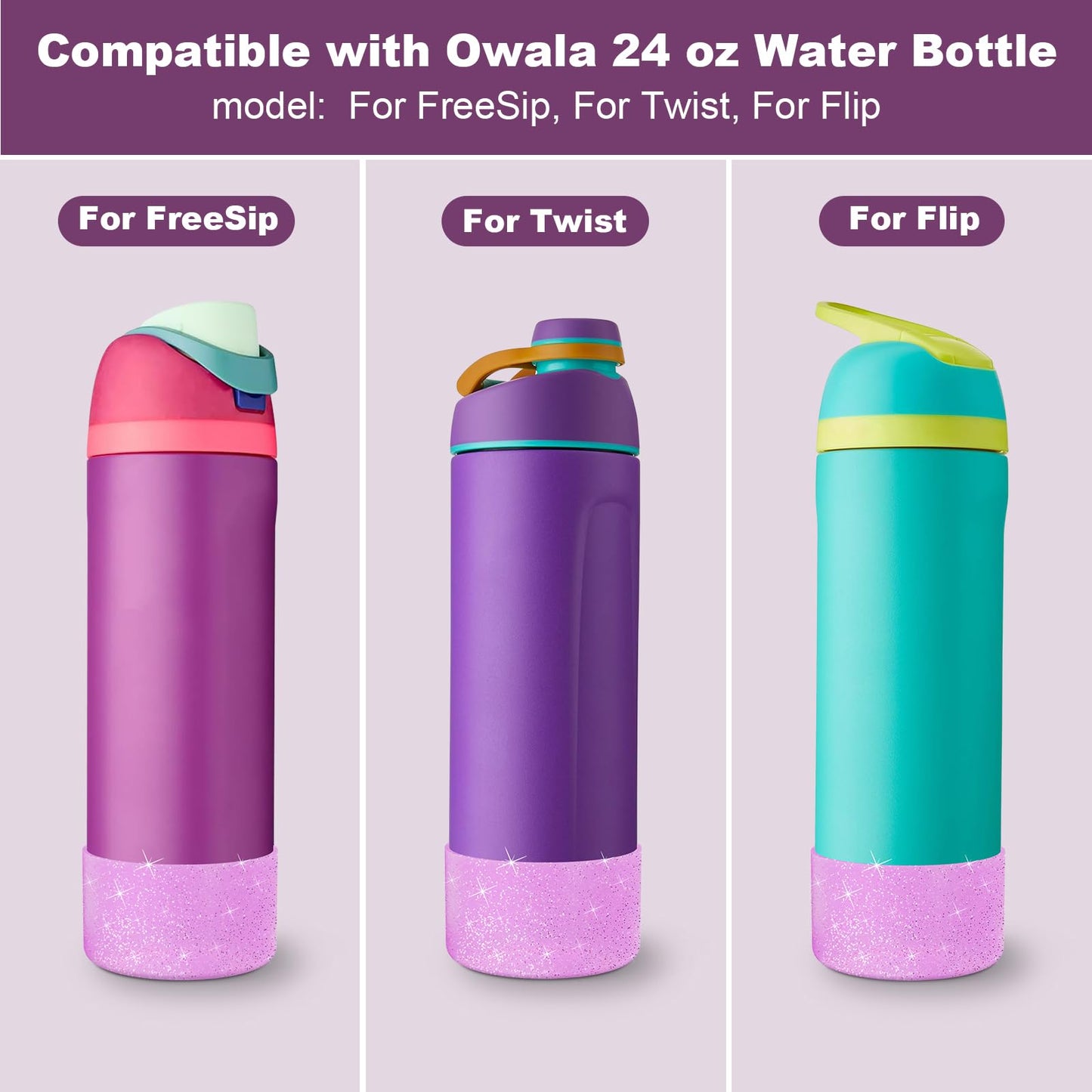 Beonsky 2 PCS Glitter Silicone Boot for Owala Water Bottle 24 oz, Anti-Slip Protective Sleeve for FreeSip/Twist/Flip Stainless Steel Water Bottles Accessories