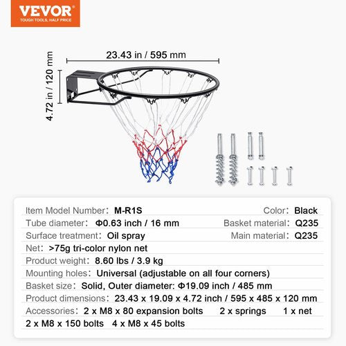 VEVOR Basketball Rim, Wall Door Mounted Basketball Hoop, Heavy Duty Q235 Basketball Flex Rim Goal Replacement with Net, Standard 18" Indoor and Outdoor Hanging Basketball Hoop