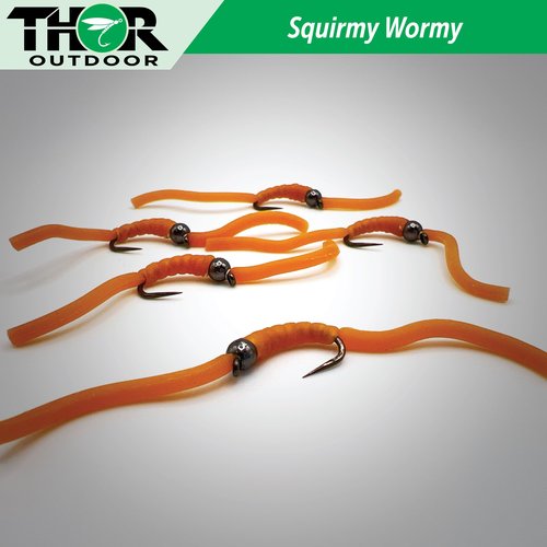 Thor Outdoor 6 Pc Squirmy Wormy Set, Tan Size #14 - Barbless Wet Worm Fly Fishing Flies for Trout, Panfish, Bass