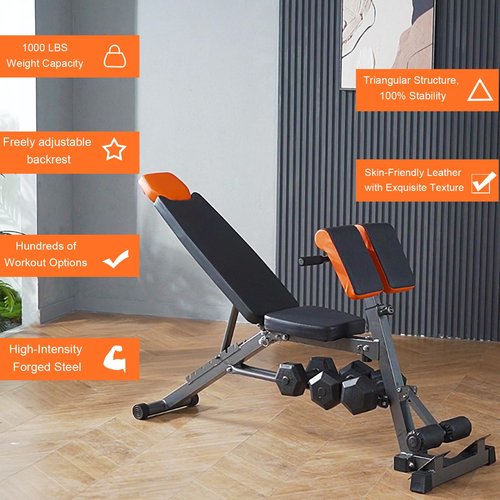 FITKS360 Adjustable Weight Bench 1000LBS??Multi-Functional Full Body Workout Equipment: Hyperextension, Roman Chair, Sit-Up Bench, Incline & Decline Bench, Flat Bench For Home Gym (Black and Orange)