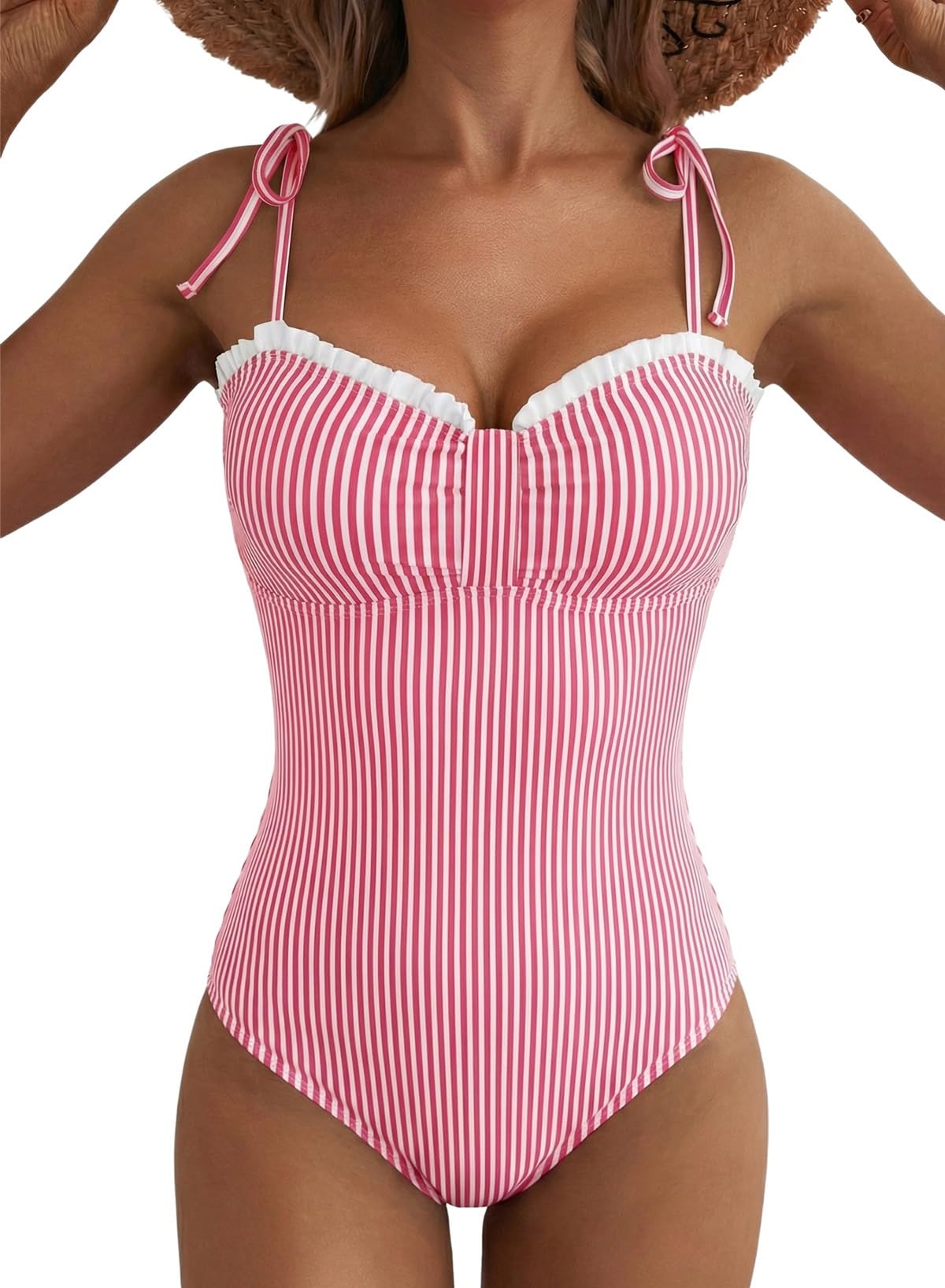 Herseas Womens High Cut One Piece Swimsuit Ruffled Trim Wire Free Adjustable Lace Up Straps Tummy Control Full Coverage Bathing Suits Modest Resort Beachwear Red Stripe Medium